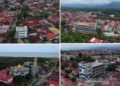 Foto kolase empat bangunan yang dikhususkan sebagai tempat evakuasi sementara (TES) shelter tsunami yang dibangun BNPB di antara pemukiman padat penduduk di Kota Padang, Sumatra Barat. Antara/ Iggoy El Fitra