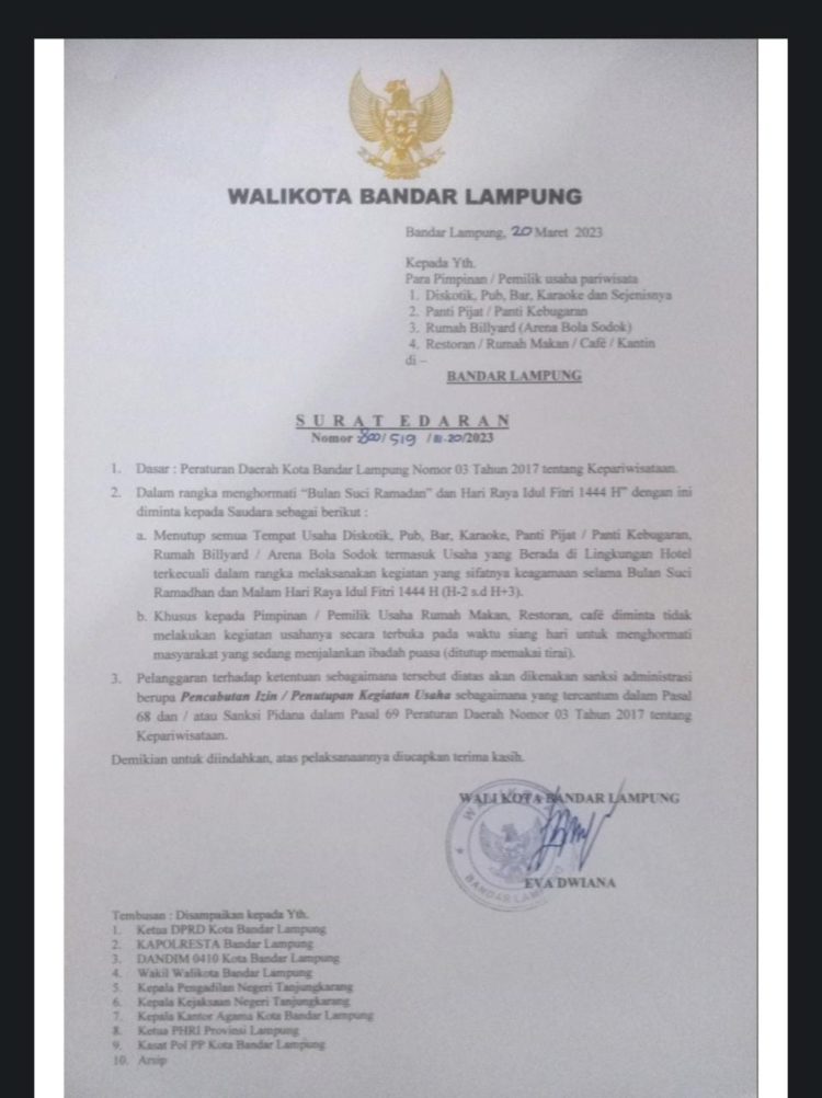 Pemkot Bandar Lampung Minta Pemilik Warung Makan Gunakan Tirai Selama Ramadan
