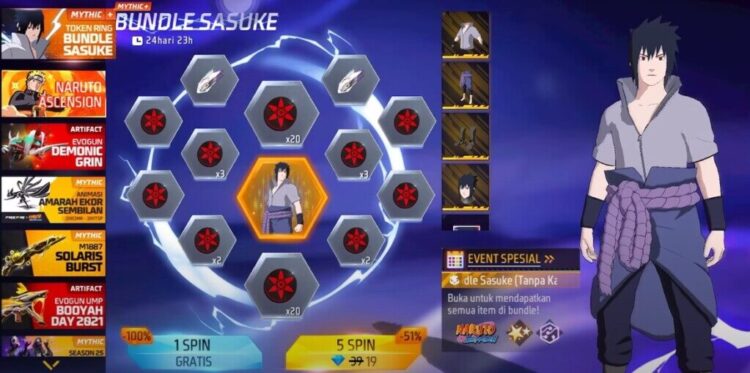 Cara Mendapatkan Bundle Sasuke Free Fire Eksklusif di Event Kolaborasi Naruto